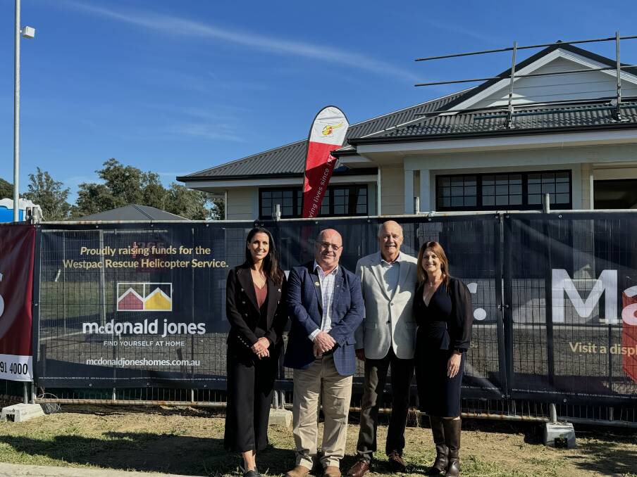McDonald Jones marketing manager Katie Griffith, Westpac Rescue Helicopter's Richard Jones, Hunter Land CEO Graham Burns and Jurds Real Estate's Rachel Brecht at the Helicopter House in Heddon Greta. Picture supplied 