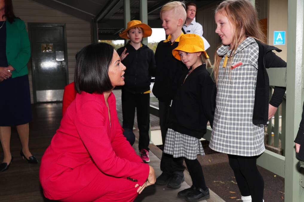 Education Minister Prue Car with students at Medowie in 2023. Picture by Peter Lorimer