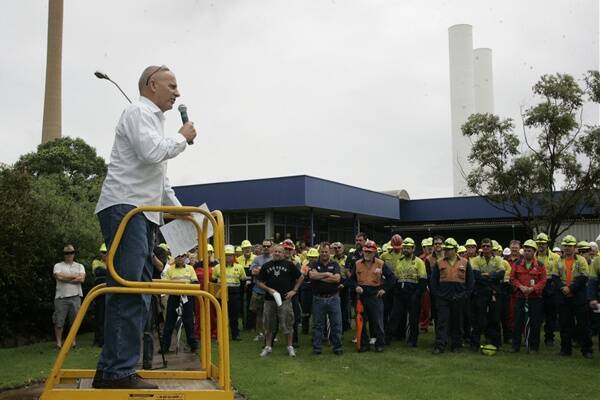 RALLY: Australian Workers Union's Richard Downie addresses the protest at Hydro Kurri Kurri.
