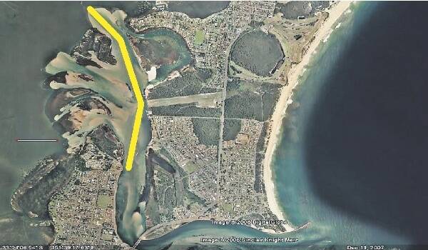 TENDERS CALLED: The yellow line on this aerial image of Swansea Channel, from the Department of Lands, show the area to be dredged.