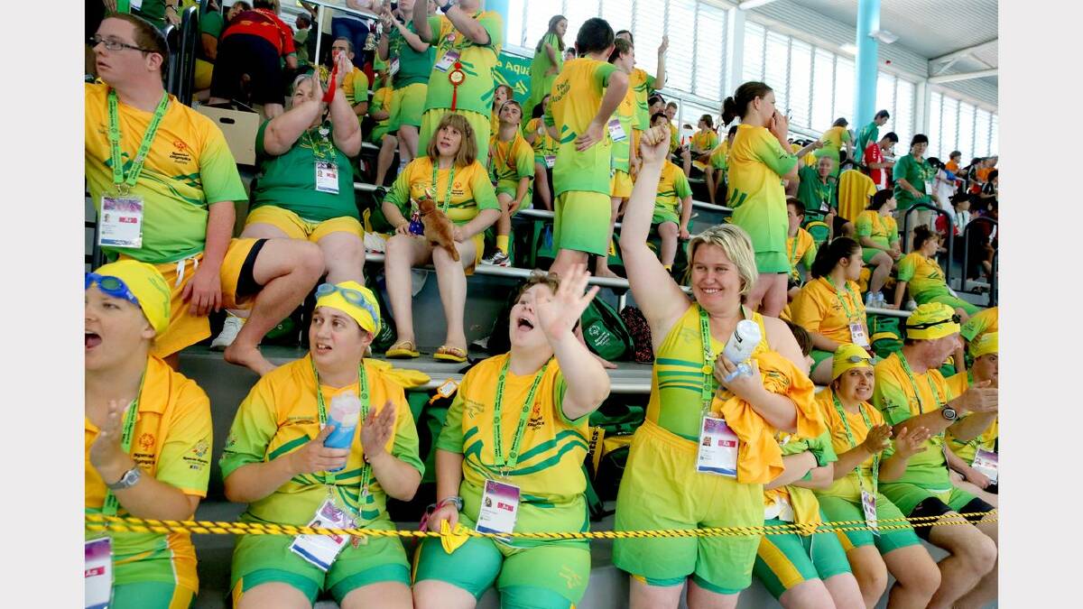 Scenes from the Special Olympics swimming at The Forum pool. The Aussie team reacts after taking out first, second, third and fourth place in the 400 metre freestyle. Picture: Dean Osland. 