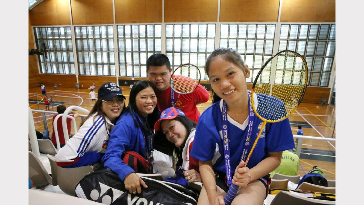 Action from Day 2 of the Special Olympics. Badminton at The Forum, Newcastle University. From the Philippines, from left,  Edna Magada (head coach), Carolina Ambray (coach), Andrew Lim, athlete, Dominica Parcia (staff asssistant) and Gia Gestopa, athlete. Picture Dean Osland
