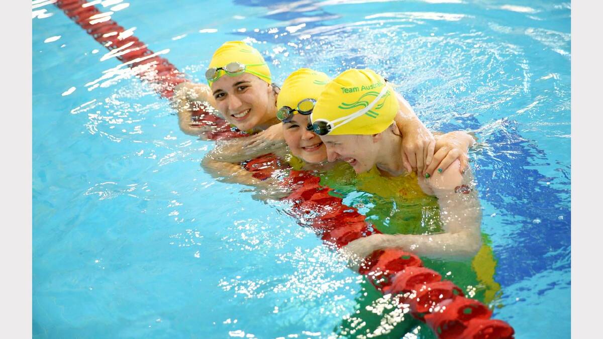 Scenes from the Special Olympics swimming at The Forum pool. The Aussie team reacts after taking out first, second, third and fourth place in the 400 metre freestyle. Claire Pearson first place, Ruby Lawler third place and Deana Horvat second place.  Picture: Dean Osland. 