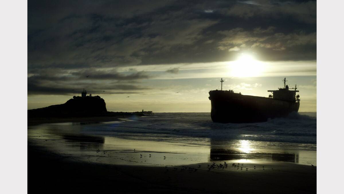 At first light pic of Pasha Bulker aground at Nobbys Beach after severe storms in Newcastle yesterday. Credit: SIMONE DE PEAK. 