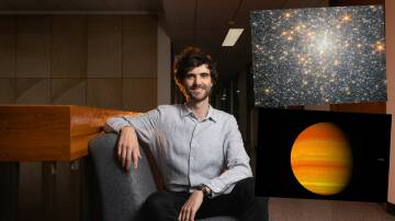 Astronomer Tom Evans-Soma, the WASP-43b exoplanet and a star cluster image from James Webb Space Telescope. Pictures by Marina Neil and NASA      